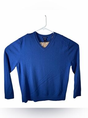 GAP Blue Vneck 100% Extra Fine Merino Wool Pullover Knit Sweater Mens Sz. Large